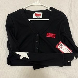 Black, white, and red crop sweater.